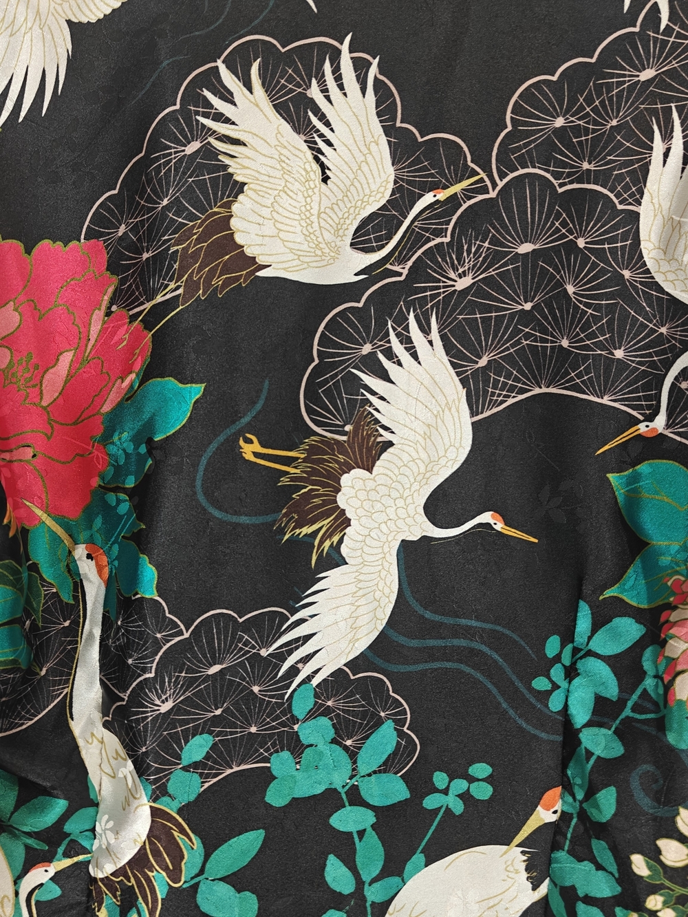 Zara Oriental Crane Satin Blouse Floral Bird Print Black Pink Green Size M - Picture 16 of 16